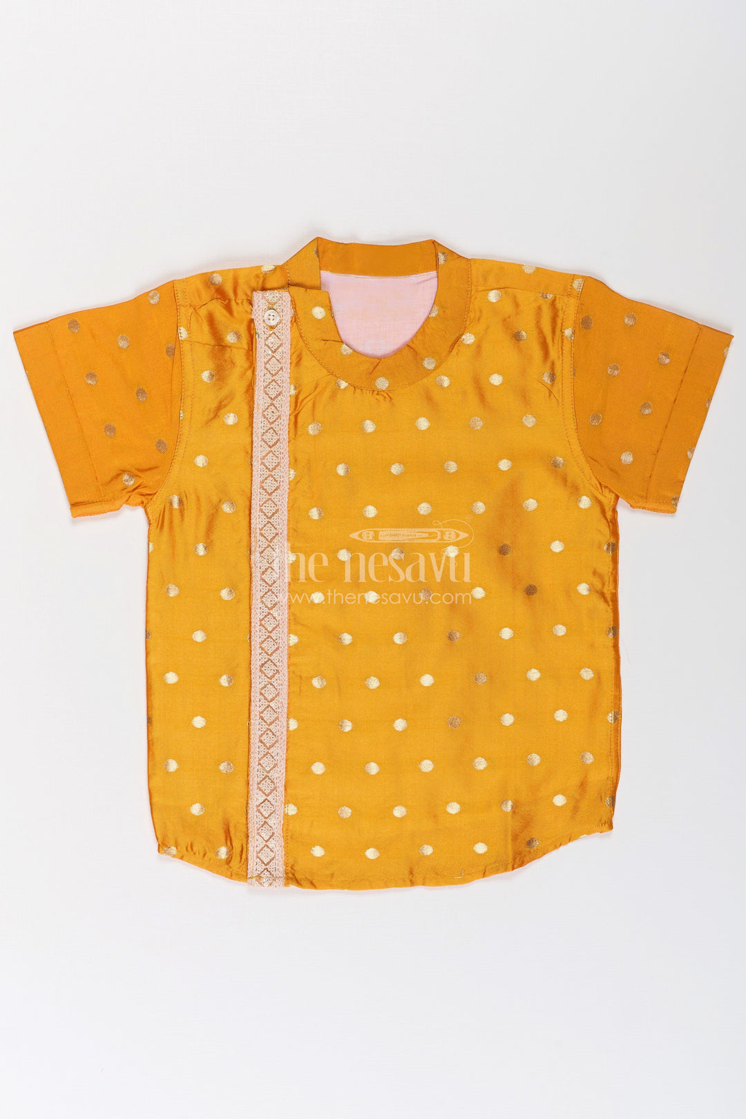 The Nesavu Boys Silk Shirt Boys Traditional Banaras Silk Dress and Shirt with Geometric Embellishments in Mustard Yellow Nesavu 16 (1Y) / Yellow BS252C-16 Boys Banaras Silk Dress Shirt Mustard Yellow Zari Embroidery Golden Dots | The Nesavu