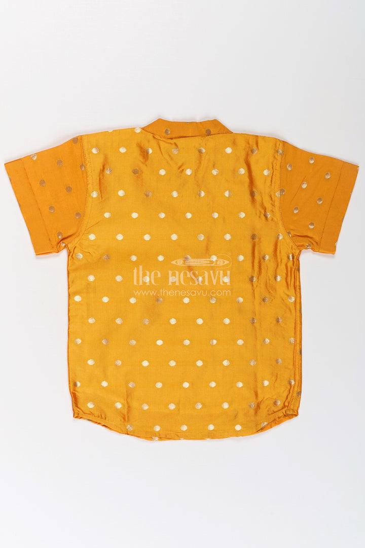 The Nesavu Boys Silk Shirt Boys Traditional Banaras Silk Dress and Shirt with Geometric Embellishments in Mustard Yellow Nesavu Boys Banaras Silk Dress Shirt Mustard Yellow Zari Embroidery Golden Dots | The Nesavu