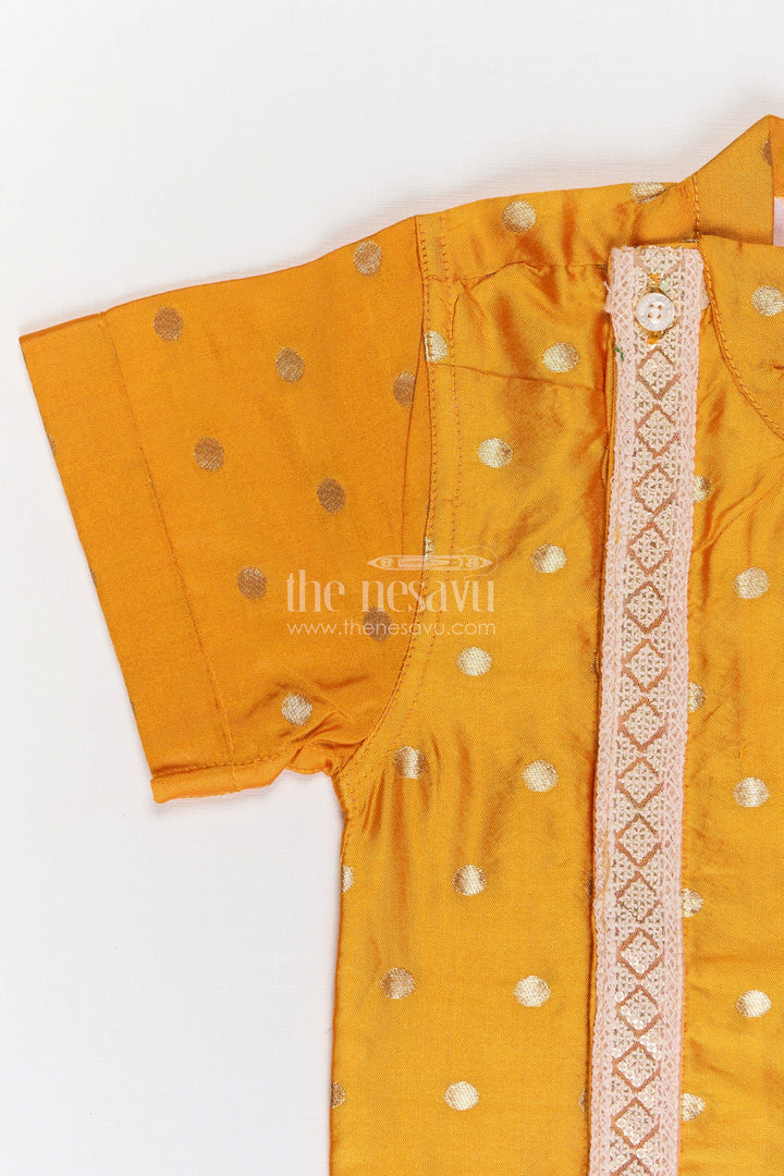 The Nesavu Boys Silk Shirt Boys Traditional Banaras Silk Dress and Shirt with Geometric Embellishments in Mustard Yellow Nesavu Boys Banaras Silk Dress Shirt Mustard Yellow Zari Embroidery Golden Dots | The Nesavu