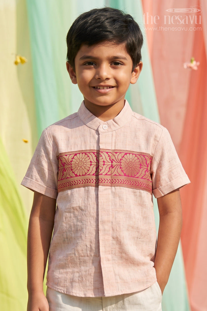 The Nesavu Boys Cotton Shirt Boys Traditional Cotton Shirt for Cultural Events and Festive Wear Nesavu 16 (1Y) / Beige / Cotton BS494A-16 Nesavu Boys Traditional Cotton Shirt With Baithani Border For Cultural Events And Festive Wear