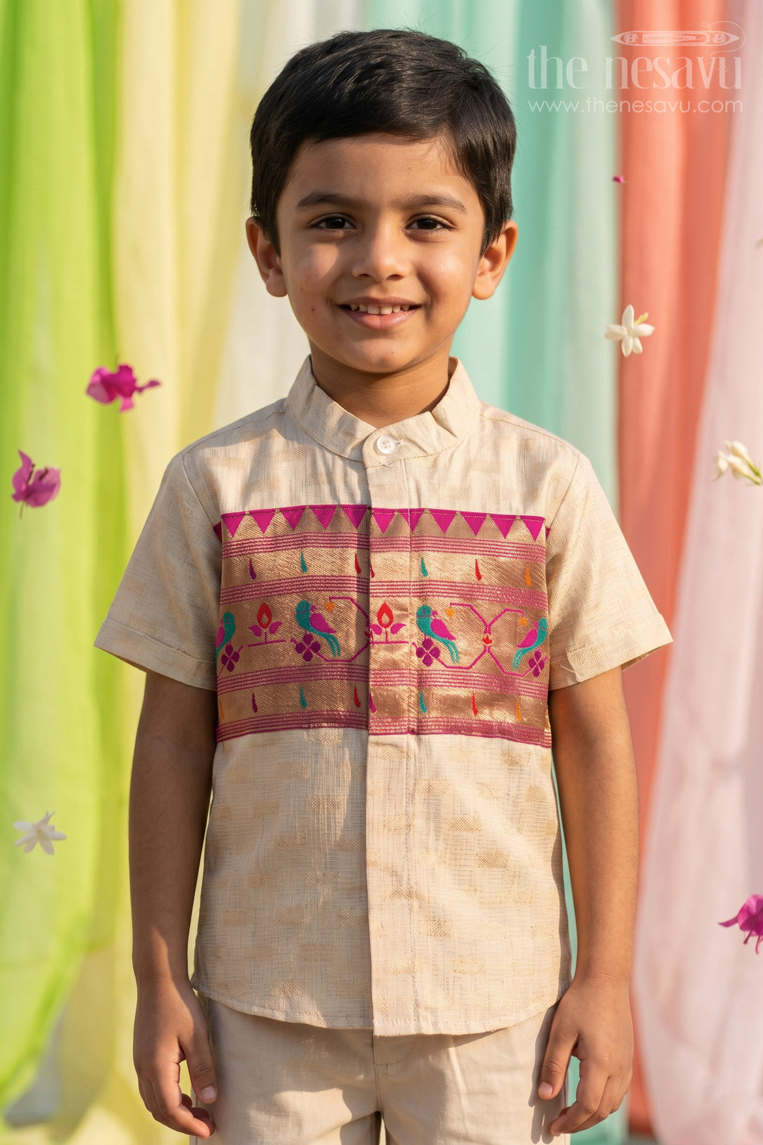 The Nesavu Boys Cotton Shirt Boys Traditional Cotton Shirt for Pooja Functions and Cultural Wear Nesavu 16 (1Y) / Beige / Cotton BS492A-16 Nesavu Boys Traditional Cotton Shirt With Baithani Border For Pooja And Festive Occasions