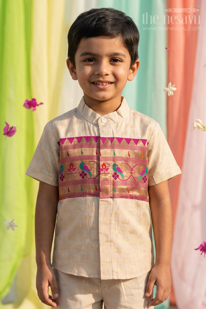 The Nesavu Boys Cotton Shirt Boys Traditional Cotton Shirt for Pooja Functions and Cultural Wear Nesavu 16 (1Y) / Beige / Cotton BS492A-16 Nesavu Boys Traditional Cotton Shirt With Baithani Border For Pooja And Festive Occasions