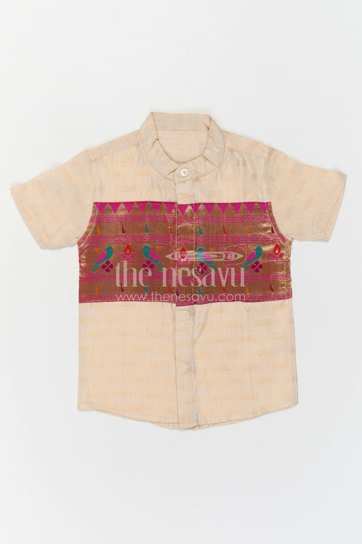 The Nesavu Boys Cotton Shirt Boys Traditional Cotton Shirt for Pooja Functions and Cultural Wear Nesavu Nesavu Boys Traditional Cotton Shirt With Baithani Border For Pooja And Festive Occasions