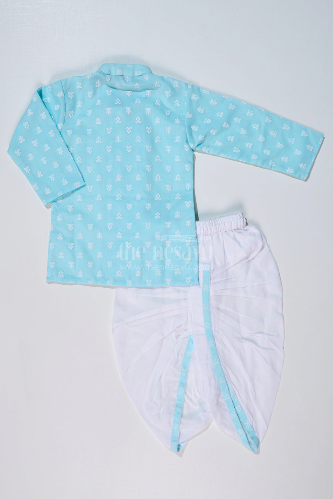 The Nesavu Boys Dothi Set Boys Traditional Dhoti Kurta in Sky Blue Chikankari Cotton with White Dhoti Nesavu Boys Sky Blue Traditional Chikankari Dhoti Kurta Festive Celebrations | The Nesavu