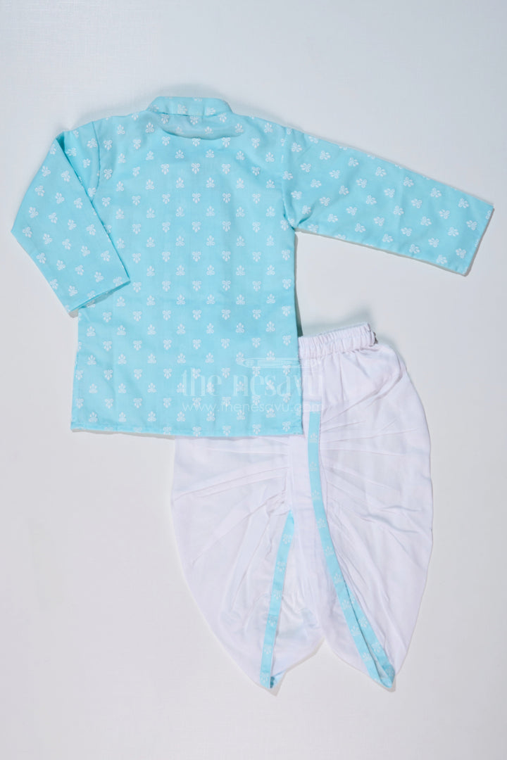 The Nesavu Boys Dothi Set Boys Traditional Dhoti Kurta in Sky Blue Chikankari Cotton with White Dhoti Nesavu Boys Sky Blue Traditional Chikankari Dhoti Kurta Festive Celebrations | The Nesavu