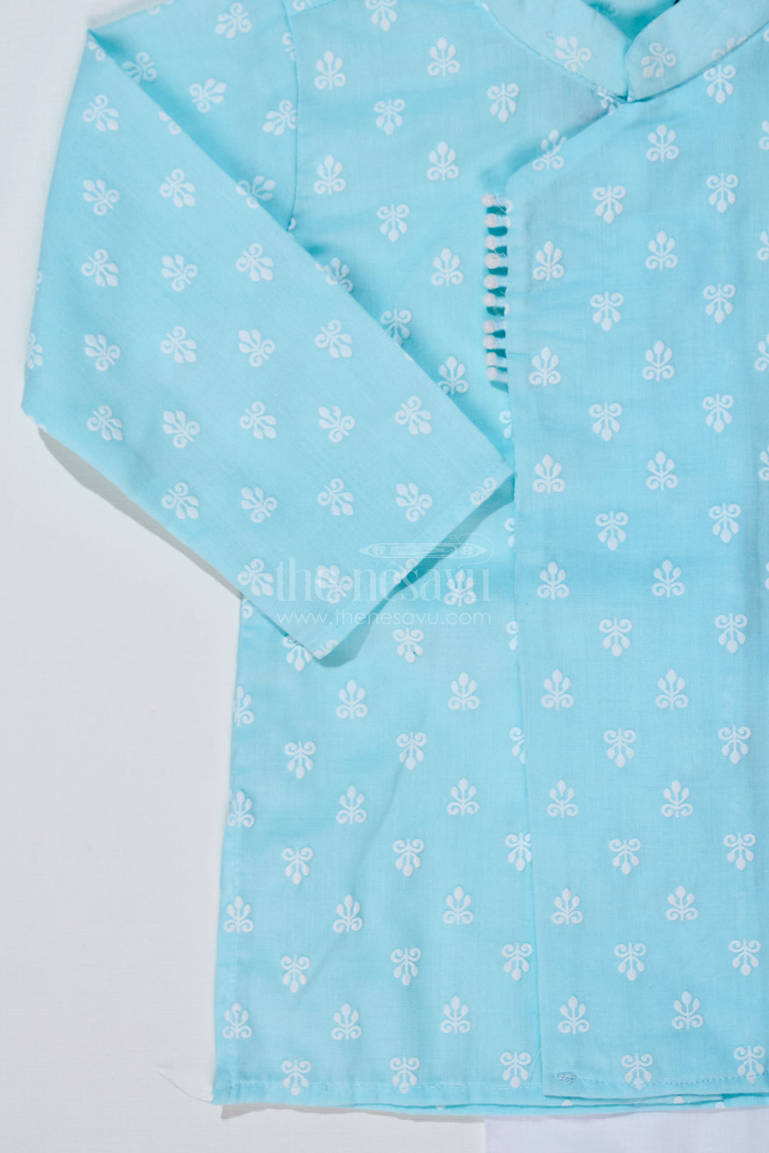 The Nesavu Boys Dothi Set Boys Traditional Dhoti Kurta in Sky Blue Chikankari Cotton with White Dhoti Nesavu Boys Sky Blue Traditional Chikankari Dhoti Kurta Festive Celebrations | The Nesavu