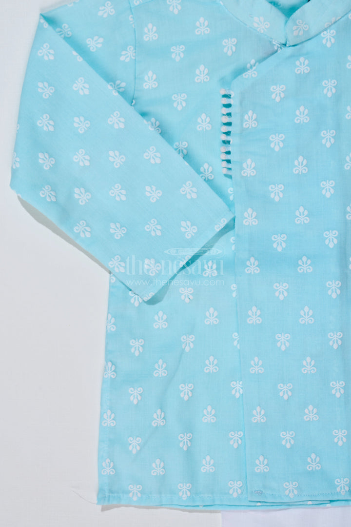 The Nesavu Boys Dothi Set Boys Traditional Dhoti Kurta in Sky Blue Chikankari Cotton with White Dhoti Nesavu Boys Sky Blue Traditional Chikankari Dhoti Kurta Festive Celebrations | The Nesavu
