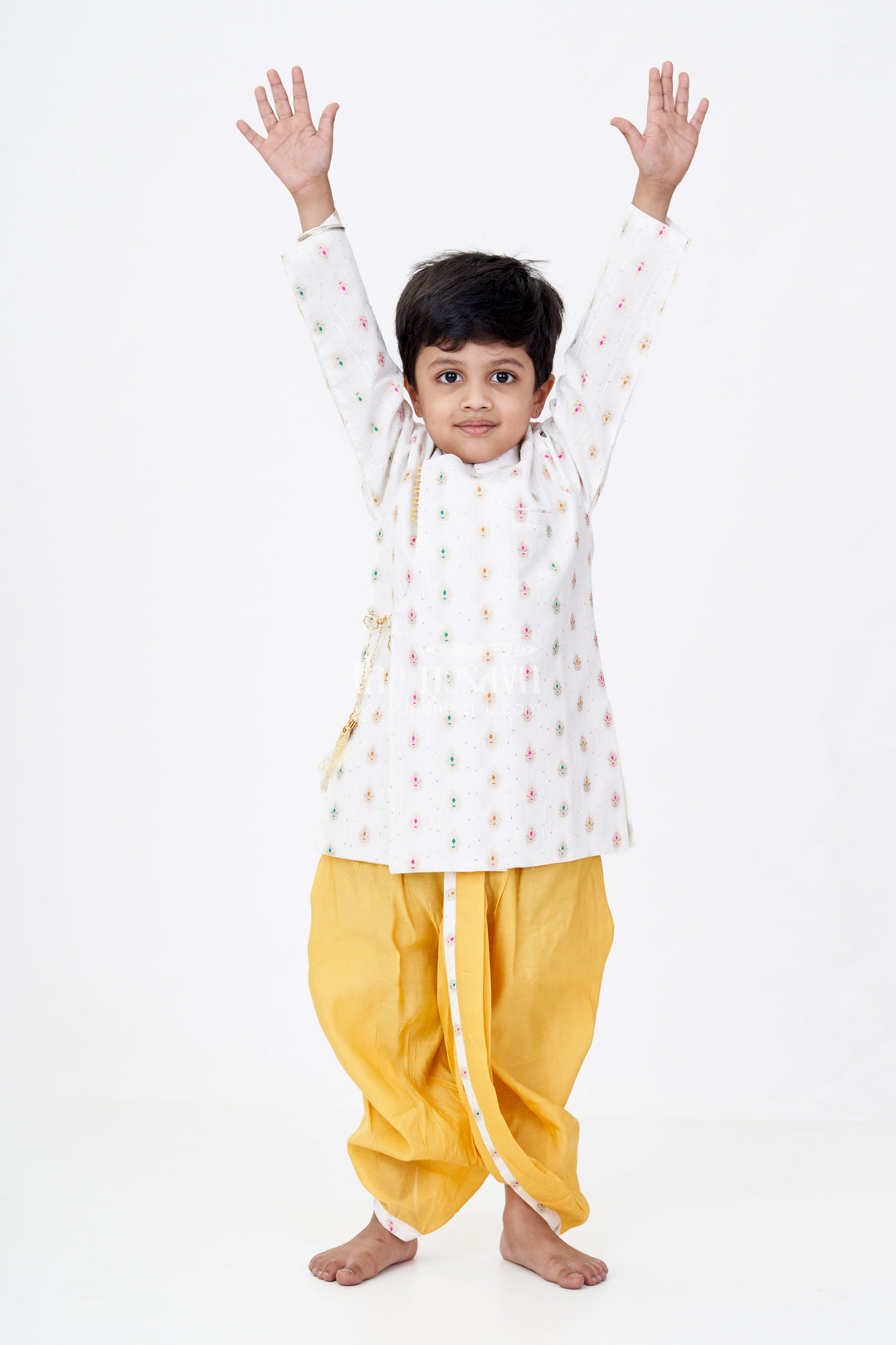 The Nesavu Boys Dothi Set Boys Traditional Dhoti Kurta in White and Yellow with Embroidered Silk Jacket Nesavu 18 (2Y) / White BES628A-18 Boys Silk Dhoti Kurta White Embroidered Jacket Yellow Dhoti | The Nesavu