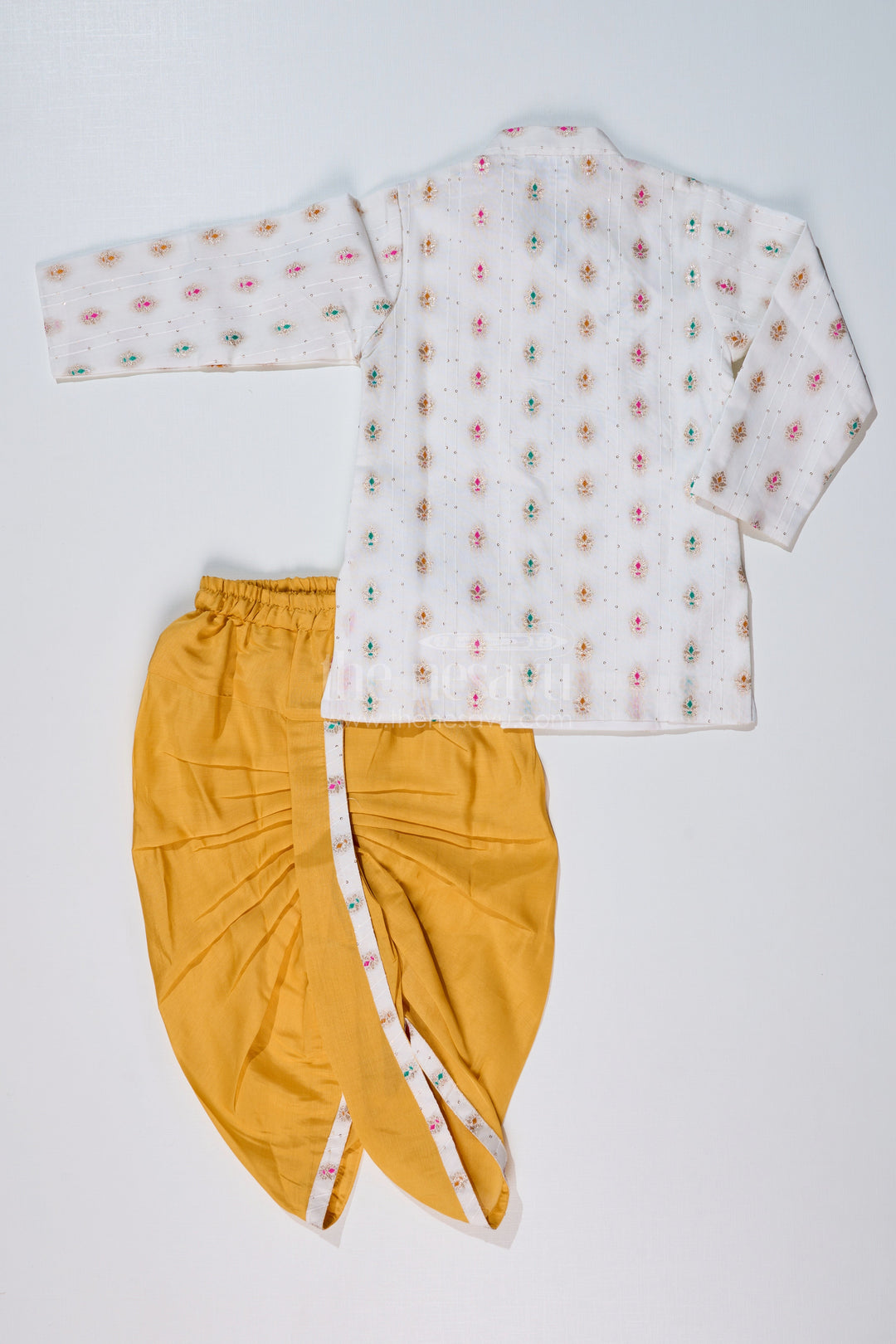 The Nesavu Boys Dothi Set Boys Traditional Dhoti Kurta in White and Yellow with Embroidered Silk Jacket Nesavu Boys Silk Dhoti Kurta White Embroidered Jacket Yellow Dhoti | The Nesavu