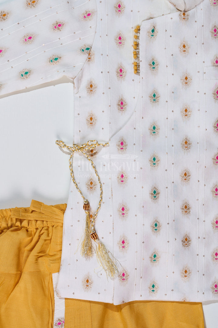 The Nesavu Boys Dothi Set Boys Traditional Dhoti Kurta in White and Yellow with Embroidered Silk Jacket Nesavu Boys Silk Dhoti Kurta White Embroidered Jacket Yellow Dhoti | The Nesavu