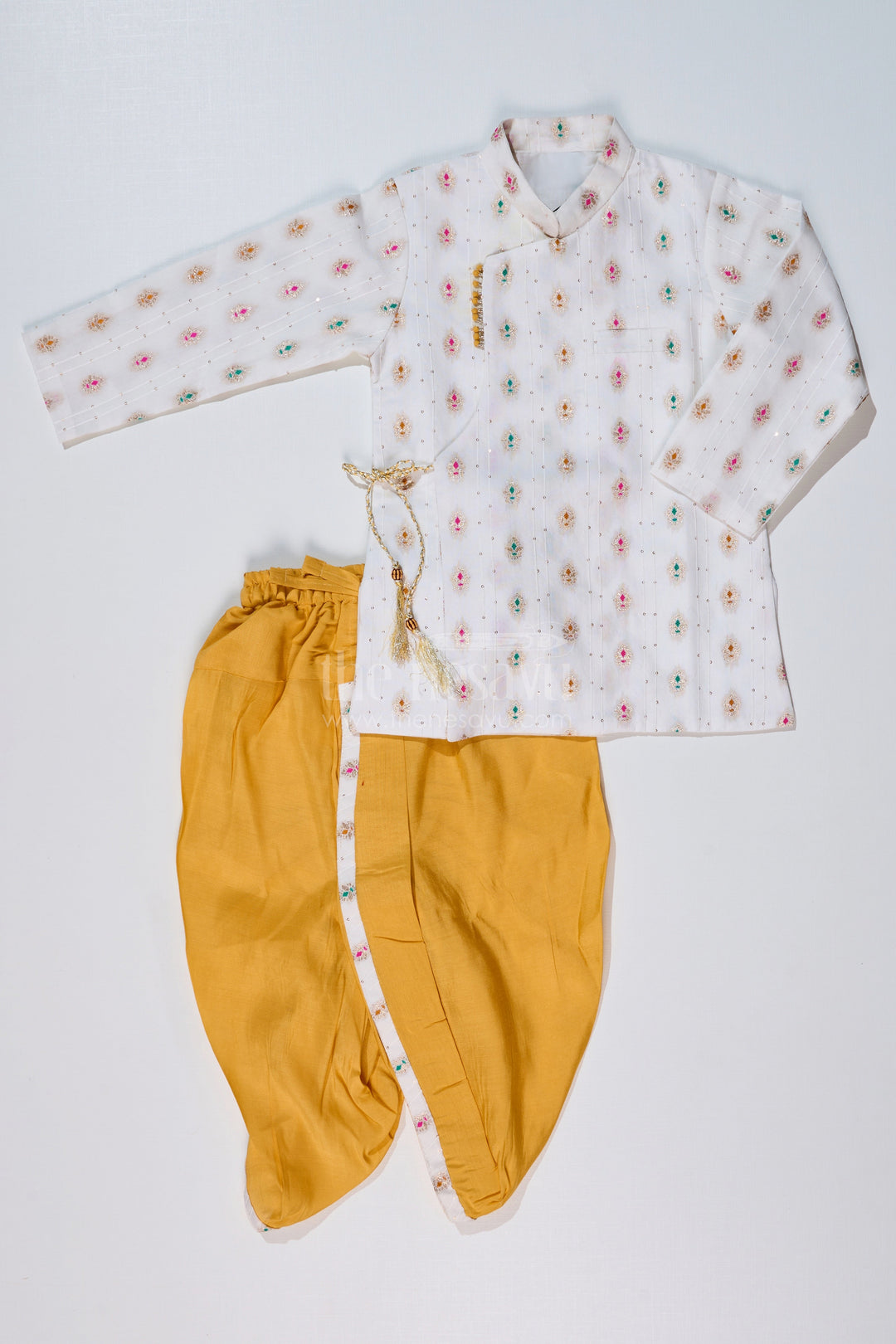 The Nesavu Boys Dothi Set Boys Traditional Dhoti Kurta in White and Yellow with Embroidered Silk Jacket Nesavu Boys Silk Dhoti Kurta White Embroidered Jacket Yellow Dhoti | The Nesavu