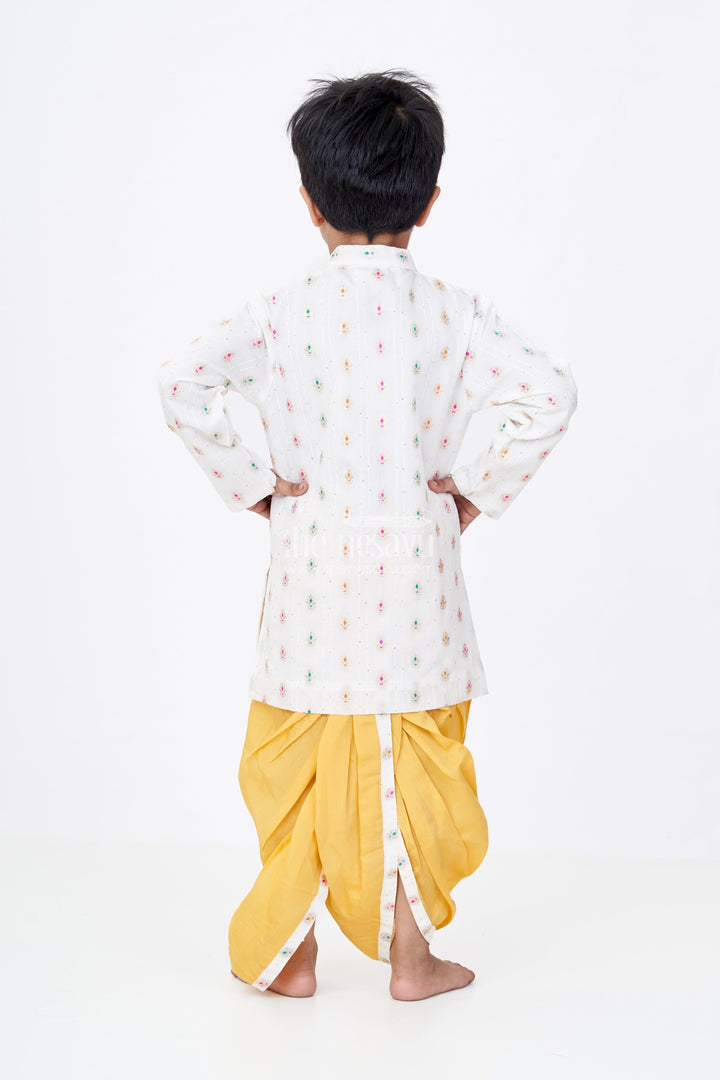 The Nesavu Boys Dothi Set Boys Traditional Dhoti Kurta in White and Yellow with Embroidered Silk Jacket Nesavu Boys Silk Dhoti Kurta White Embroidered Jacket Yellow Dhoti | The Nesavu