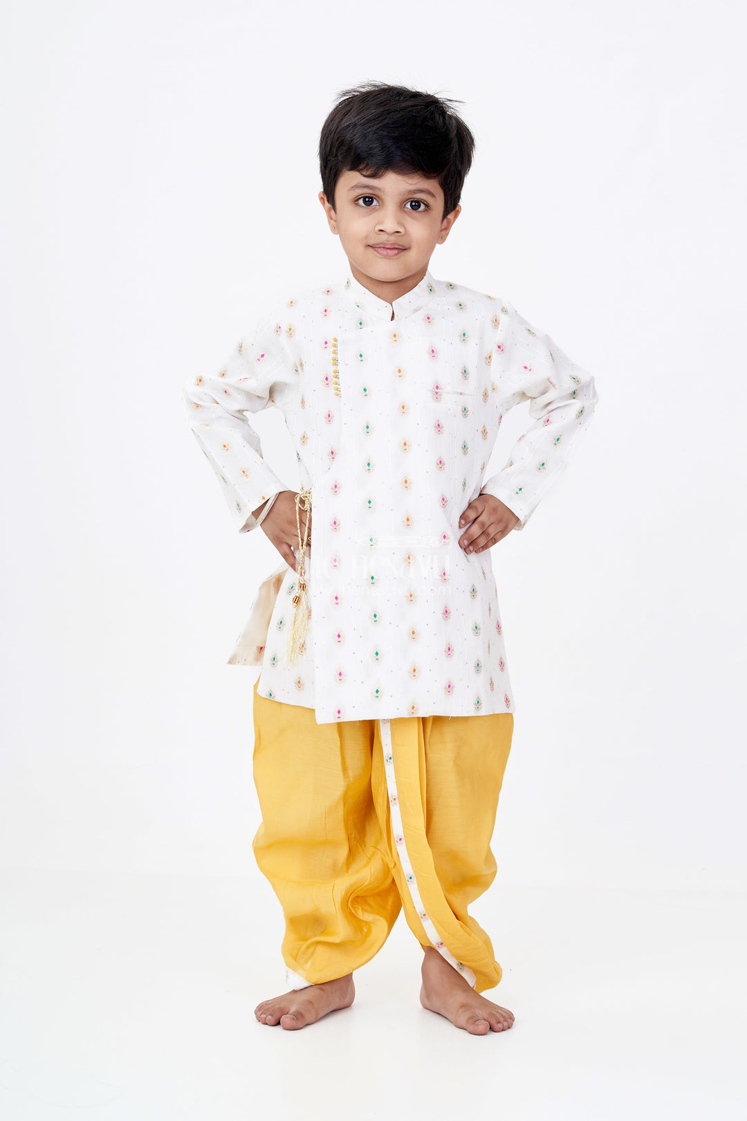 The Nesavu Boys Dothi Set Boys Traditional Dhoti Kurta in White and Yellow with Embroidered Silk Jacket Nesavu Boys Silk Dhoti Kurta White Embroidered Jacket Yellow Dhoti | The Nesavu