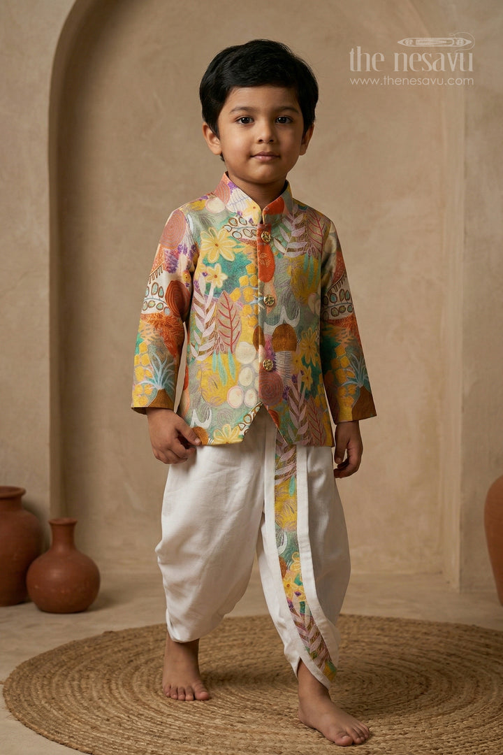 The Nesavu Boys Dothi Set Boys Traditional Dhoti Set for Festivals and Cultural Celebrations Nesavu 10 (NB) / Multicolor / Viscose Silk BES962B-10 Nesavu boys traditional dhoti set with digital print top for festive occasions and temple functions
