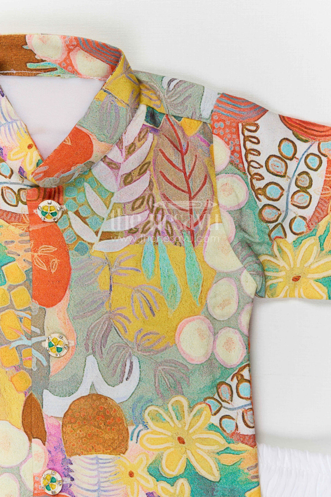 The Nesavu Boys Dothi Set Boys Traditional Dhoti Set for Festivals and Cultural Celebrations Nesavu Nesavu boys traditional dhoti set with digital print top for festive occasions and temple functions