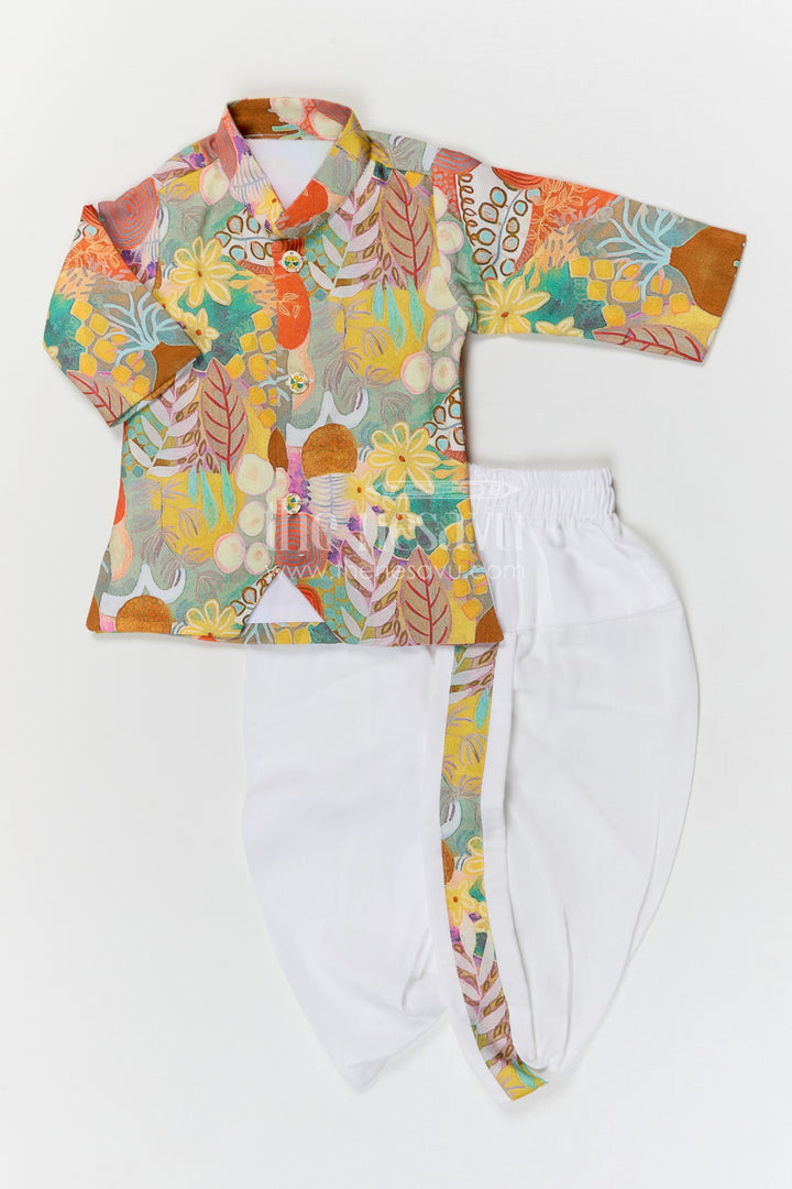 The Nesavu Boys Dothi Set Boys Traditional Dhoti Set for Festivals and Cultural Celebrations Nesavu Nesavu boys traditional dhoti set with digital print top for festive occasions and temple functions