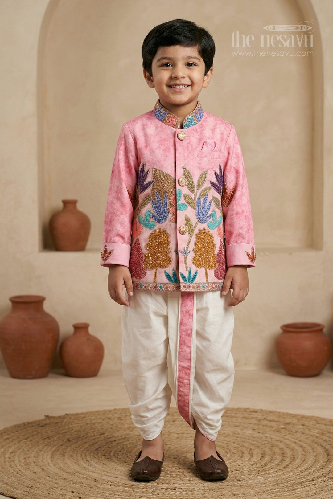 The Nesavu Boys Dothi Set Boys Traditional Dhoti Set for Temple Visits and Festive Occasions Nesavu 12 (3M) / Pink / Viscose Silk BES961A-12 Nesavu boys traditional dhoti set for temple visits and festive celebrations with embroidered design