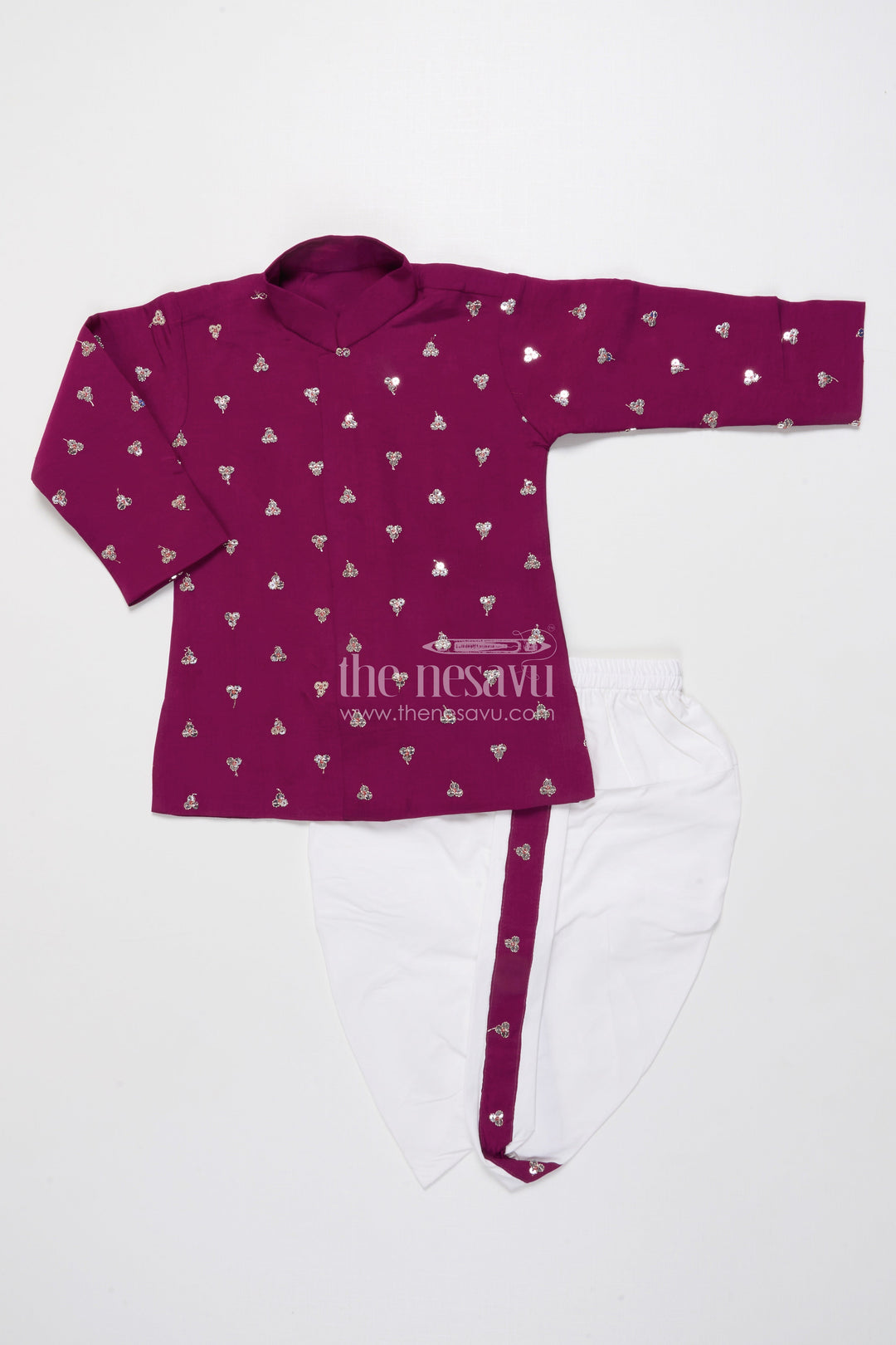 The Nesavu Boys Dothi Set Boys Traditional Dhoti Set with Sequin Embroidery for Weddings and Poojas Nesavu 16 (1Y) / Purple BES779D-16 Nesavu boys traditional dhoti kurta sequin embroidery perfect festive wedding occasions