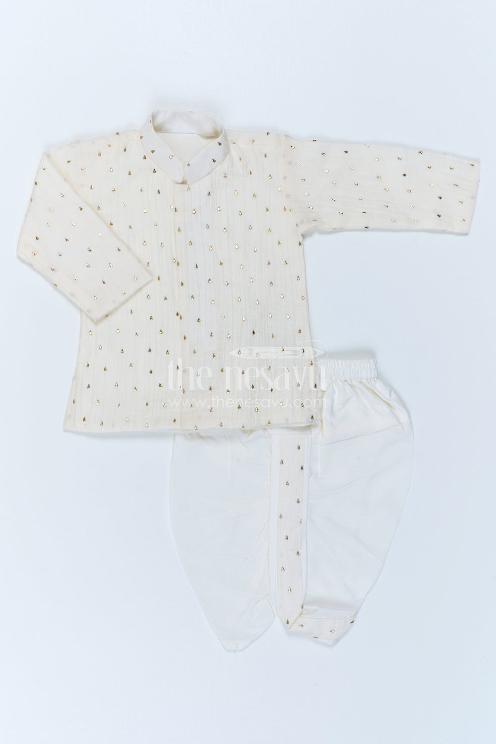 The Nesavu Boys Dothi Set Boys Traditional Dothi Set for Naming Ceremony and Pooja Nesavu 10 (NB) / Half white / Viscose Silk BES1020A-10 Nesavu Boys Traditional Dothi Set With Foil Detailing For Pooja And Festive Celebrations