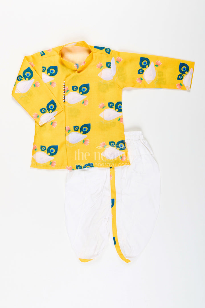 The Nesavu Boys Dothi Set Boys Traditional Dothi Set with Playful Digital Print Kurta Nesavu 14 (6M) / Yellow BES870A-14 Nesavu boys fun print dothi kurta set  vibrant ethnic wear toddlers
