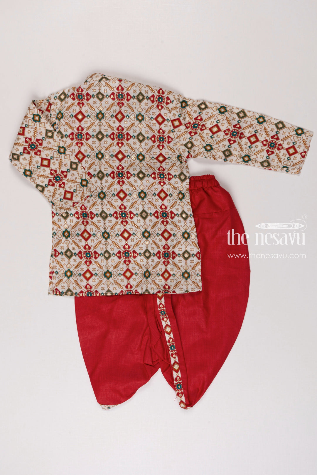 The Nesavu Boys Dothi Set Boys Traditional Geometric Kurta with Crimson Dhoti Set Nesavu Boys Geometric Print Kurta Crimson Dhoti | Festive Ethnic Set for Kids | The Nesavu