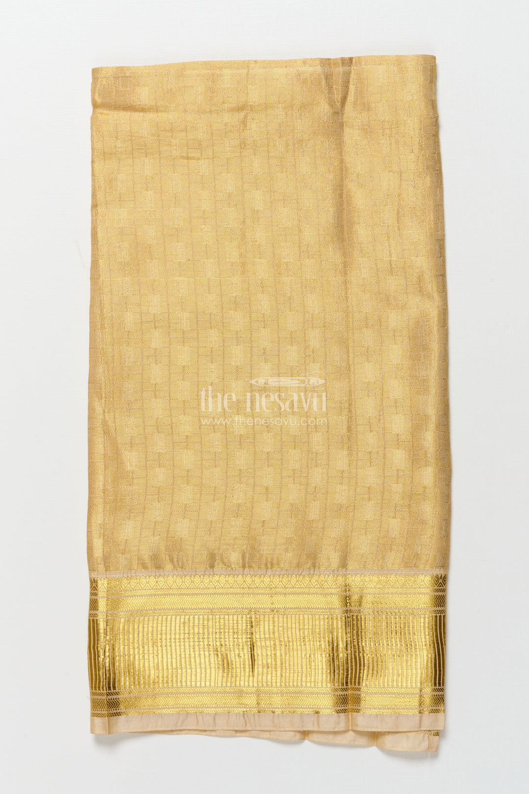 The Nesavu Boys Vesti Boys Traditional Gold Vesti with Rich Zari Woven Border for Functions Nesavu Nesavu boys gold vesti tissue fabric zari big border traditional events