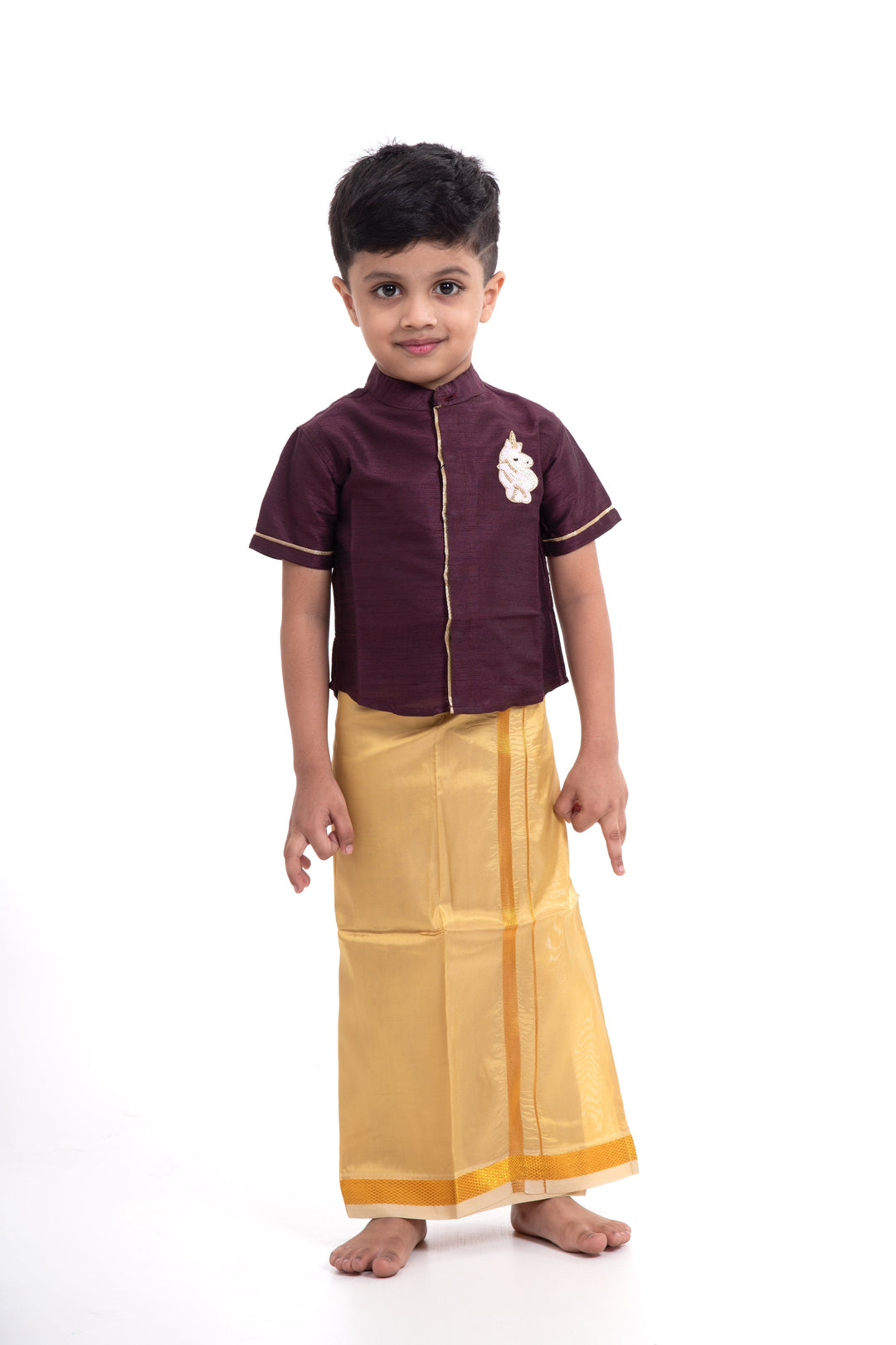 The Nesavu Boys Vesti Boys Traditional Golden-Yellow Silk Dhoti with Elegant Stripes Nesavu 14 (6M) / Gold / Blend Silk D008C-14 Buy Boys Golden Yellow Silk Dhoti Online | The Nesavu