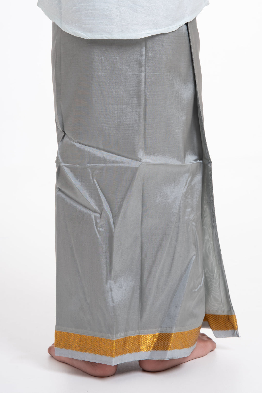 The Nesavu Boys Vesti Boys Traditional Grey Silk Dhoti with Golden Accents Nesavu Buy Boys Grey Silk Dhoti with Golden Design Online | The Nesavu