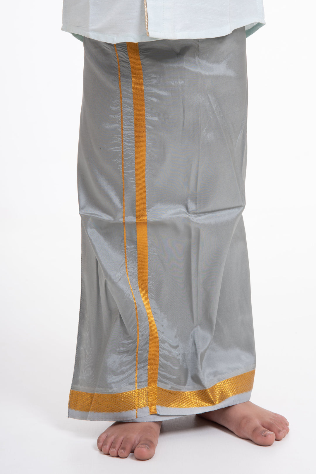 The Nesavu Boys Vesti Boys Traditional Grey Silk Dhoti with Golden Accents Nesavu Buy Boys Grey Silk Dhoti with Golden Design Online | The Nesavu
