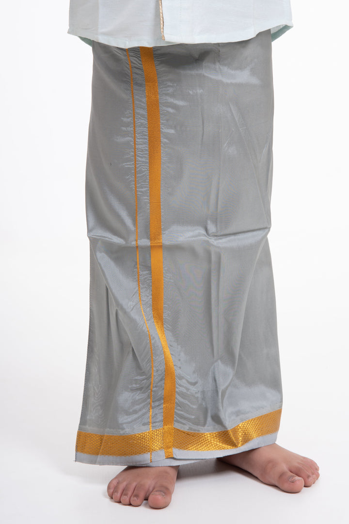 The Nesavu Boys Vesti Boys Traditional Grey Silk Dhoti with Golden Accents Nesavu Buy Boys Grey Silk Dhoti with Golden Design Online | The Nesavu