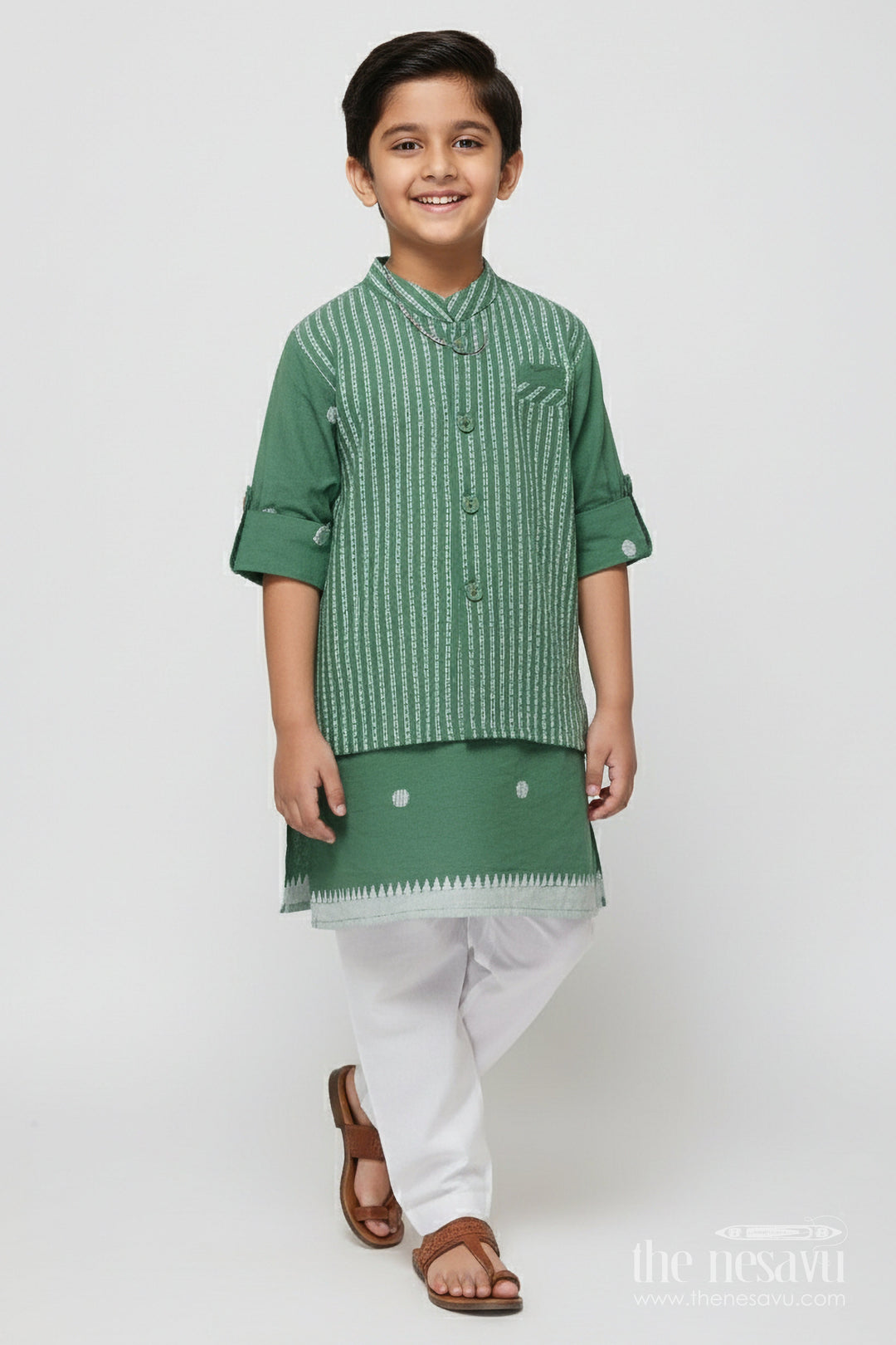The Nesavu Boys Jacket Sets Boys Traditional Jacket Set for School Ethnic Days and Temple Visits Nesavu 16 (1Y) / Green BES920B-16 Nesavu boys handloom cotton jacket set jacquard weave school events temple functions
