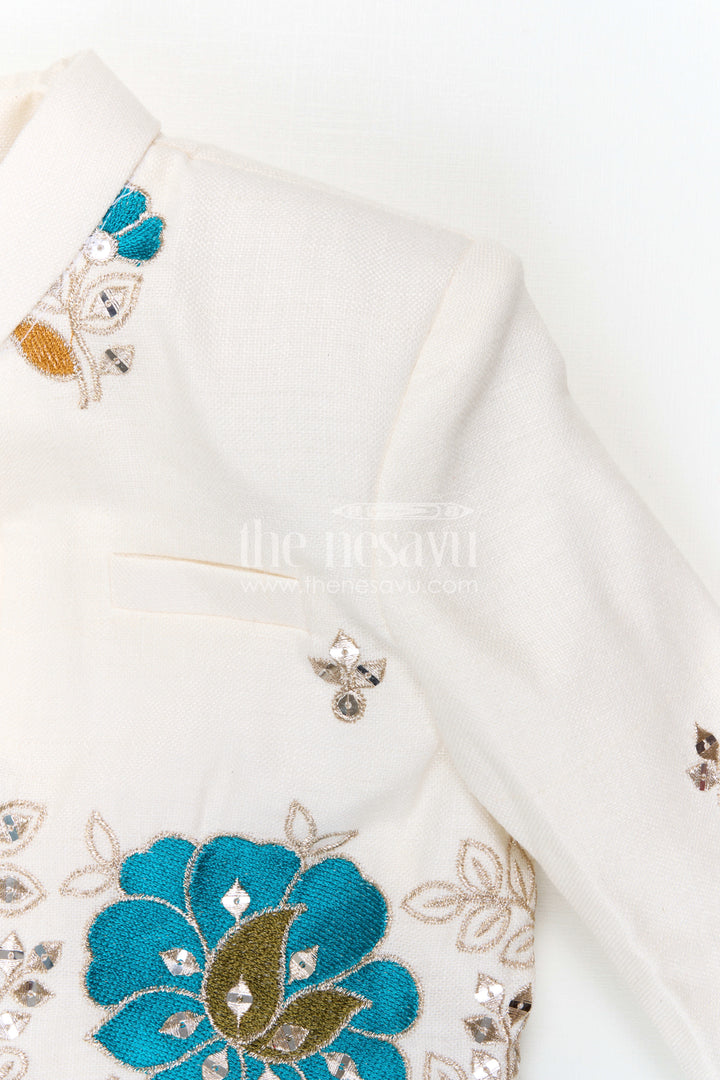 The Nesavu Boys Jacket Sets Boys Traditional Jacket Set for Weddings and Festive Occasions Nesavu Nesavu Boys Ethnic Jacket Set In White Viscose Silk With Thread Embroidery For Weddings And Festive Occasions
