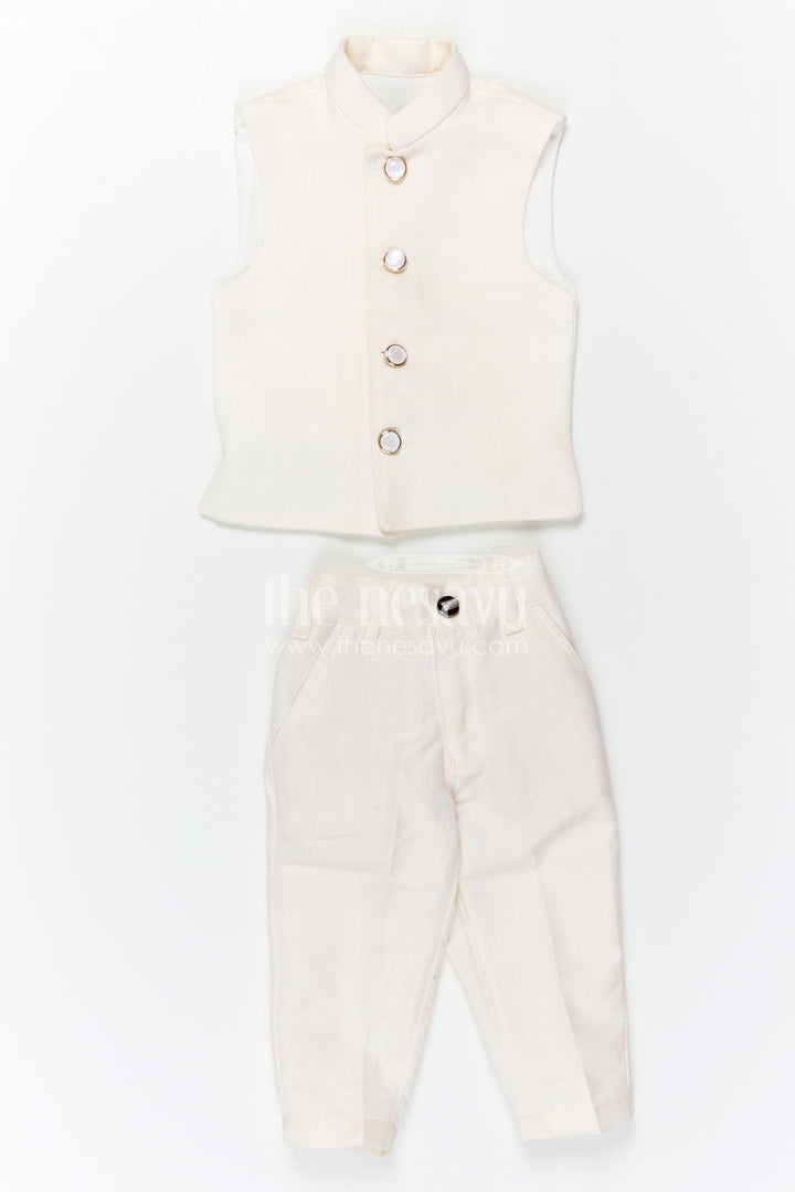 The Nesavu Boys Jacket Sets Boys Traditional Jacket Set for Weddings and Festive Occasions Nesavu Nesavu Boys Ethnic Jacket Set In White Viscose Silk With Thread Embroidery For Weddings And Festive Occasions