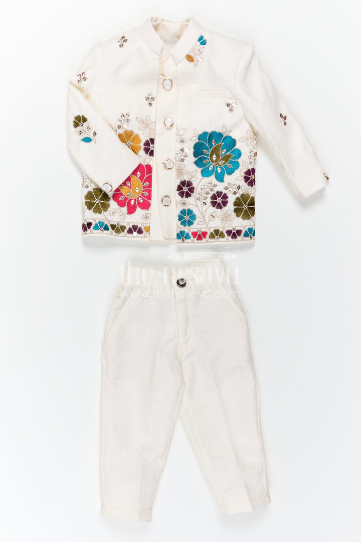 The Nesavu Boys Jacket Sets Boys Traditional Jacket Set for Weddings and Festive Occasions Nesavu Nesavu Boys Ethnic Jacket Set In White Viscose Silk With Thread Embroidery For Weddings And Festive Occasions