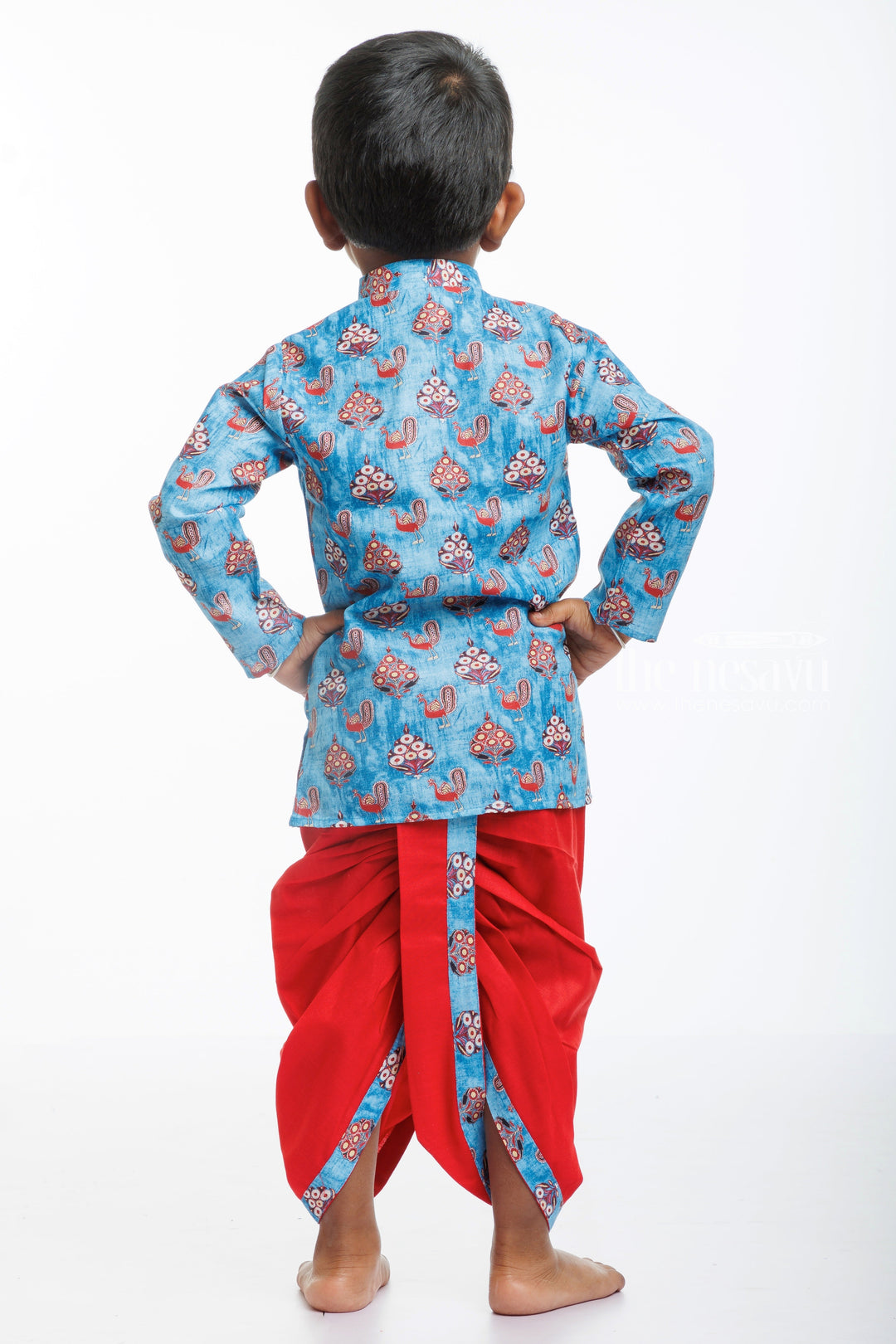 The Nesavu Boys Dothi Set Boys Traditional Peacock Blue Kurta with Red Dhoti Set Nesavu Shop Boys Peacock Blue and Red Dhoti Kurta Set for Festive Wear | The Nesavu