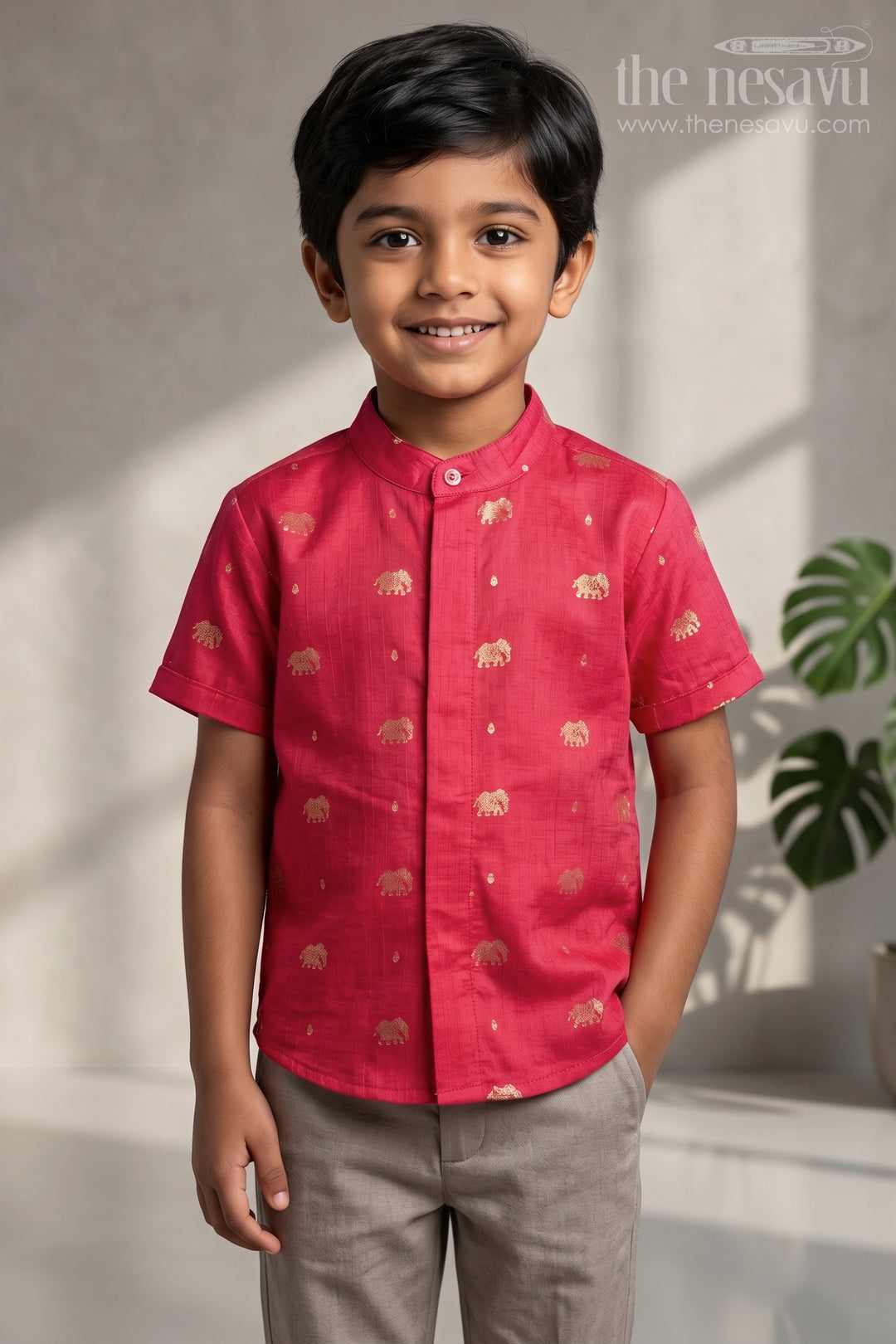 The Nesavu Boys Silk Shirt Boys Traditional Silk Shirt for Festive Photos and Cultural Events Nesavu 16 (1Y) / Half white / Raw Silk BS502C-16 Nesavu Boys Traditional Raw Silk Shirt With Jacquard Elephant Butta For Cultural Occasions