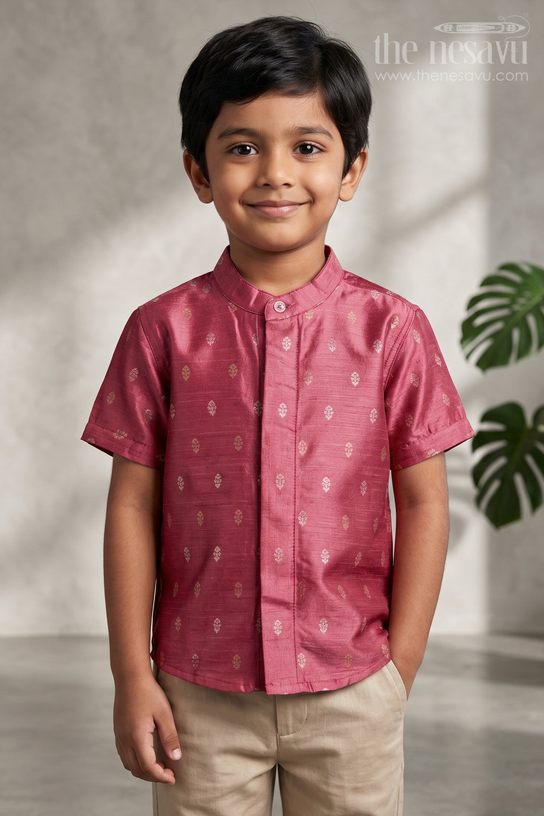 The Nesavu Boys Silk Shirt Boys Traditional Silk Shirt for Festive Photos and Cultural Programs Nesavu 16 (1Y) / Pink / Raw Silk BS504A-16 Nesavu Boys Traditional Raw Silk Shirt With Jacquard Butta Design For Festive Occasions