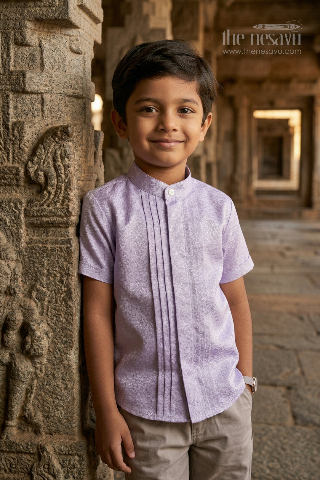 The Nesavu Boys Silk Shirt Boys Traditional Silk Shirt for Weddings and Receptions Nesavu 14 (6M) / Green / Silk Blend BS406D-14 Nesavu Boys Tissue Silk Shirt For Weddings Receptions And Traditional Festive Occasions