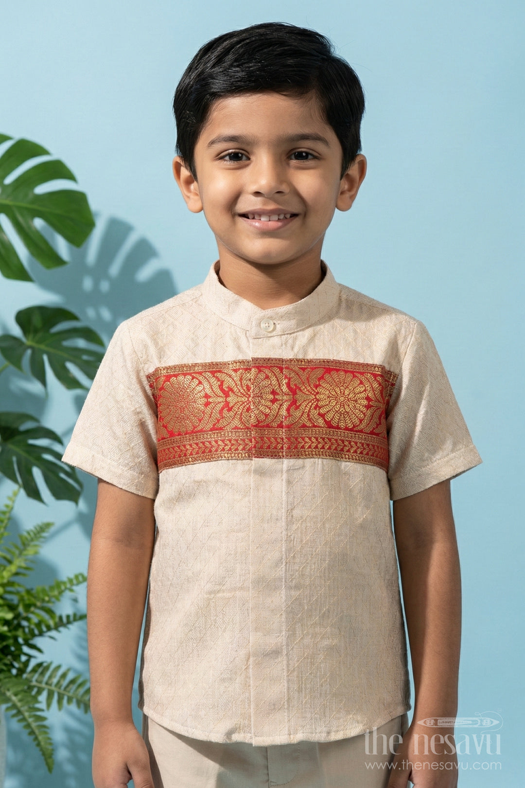 The Nesavu Boys Silk Shirt Boys Traditional Silk Shirt with Banarasi Border for Ethnic Events Nesavu 14 (6M) / Gold / Cotton Silk BS400A-14 Nesavu boys gold cotton tissue silk shirt with Banarasi border for Diwali and traditional wear
