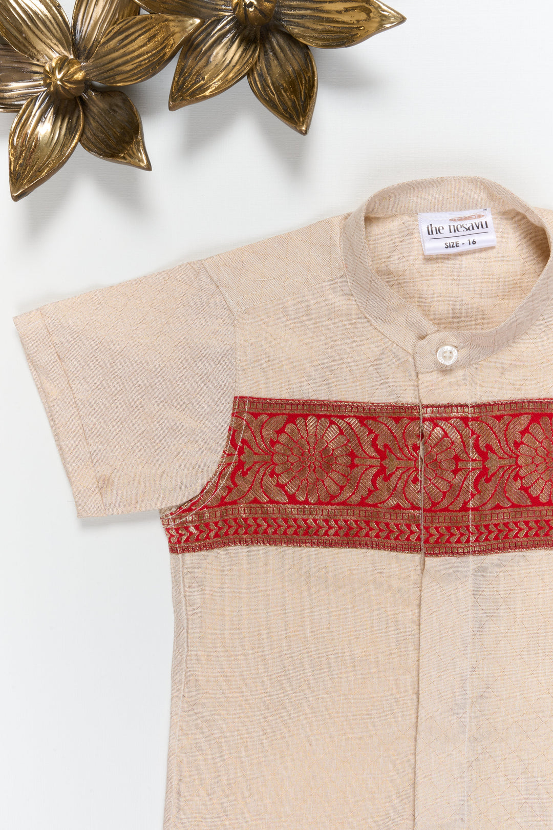 The Nesavu Boys Silk Shirt Boys Traditional Silk Shirt with Banarasi Border for Ethnic Events Nesavu Nesavu boys gold cotton tissue silk shirt with Banarasi border for Diwali and traditional wear