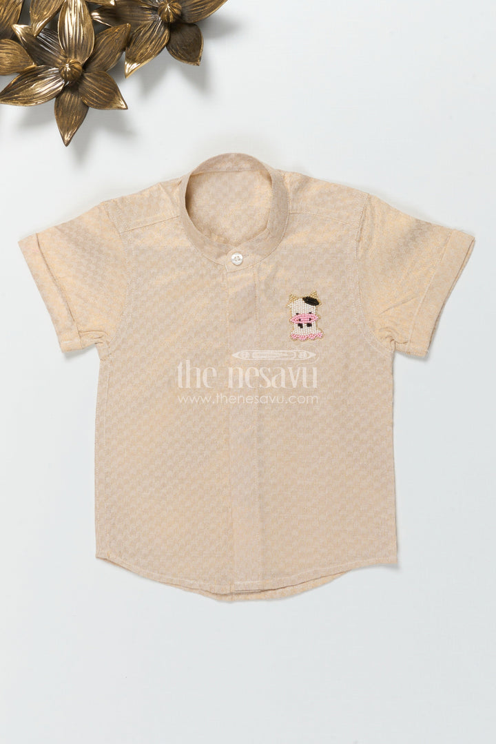 The Nesavu Boys Silk Shirt Boys Traditional Silk Shirt with Festive Embossed Finish Nesavu 16 (1Y) / Cream BS3785A-16 Nesavu boys traditional embossed silk shirt in cream tissue silk for cultural ceremonies