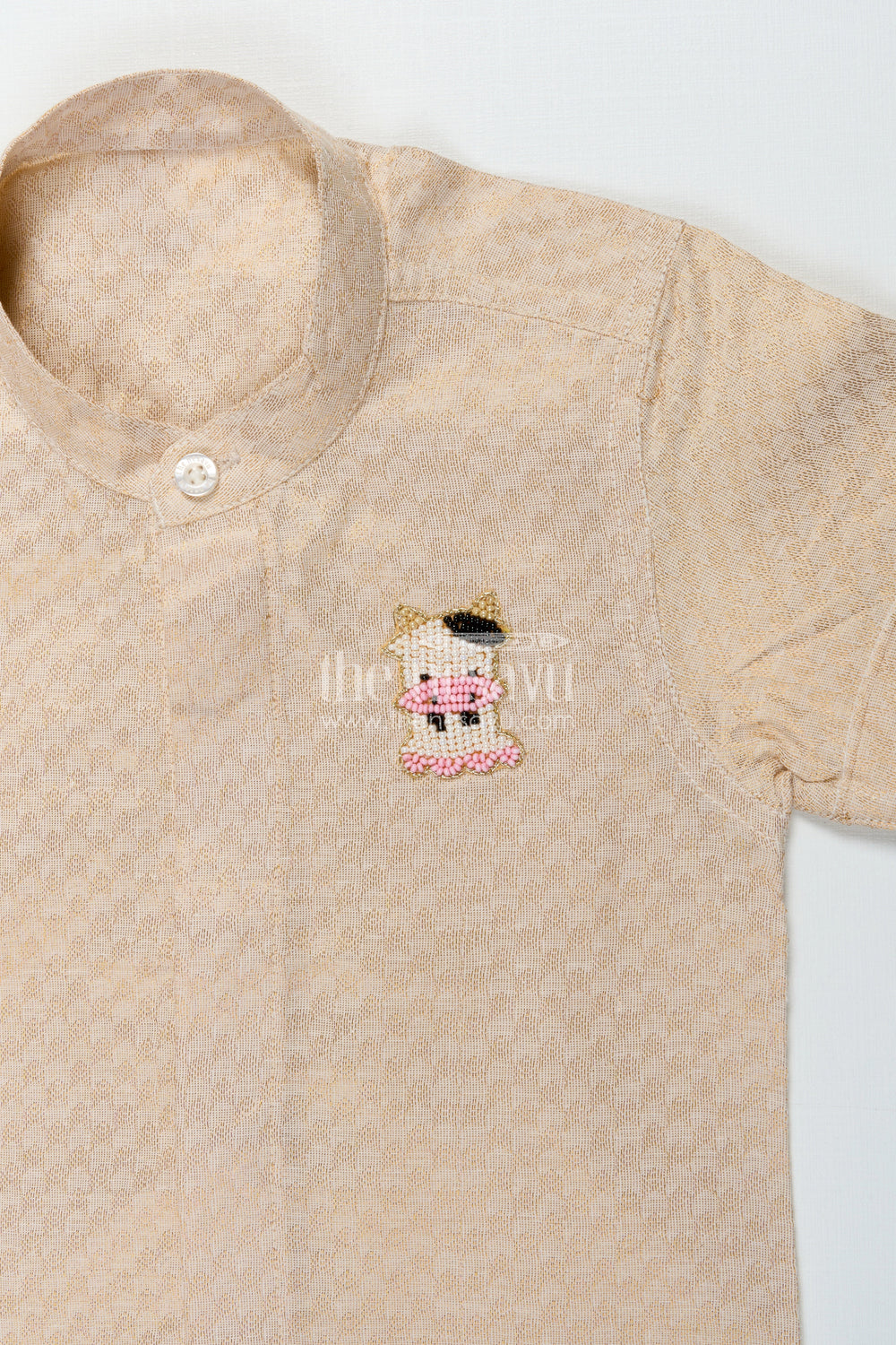 The Nesavu Boys Silk Shirt Boys Traditional Silk Shirt with Festive Embossed Finish Nesavu Nesavu boys traditional embossed silk shirt in cream tissue silk for cultural ceremonies