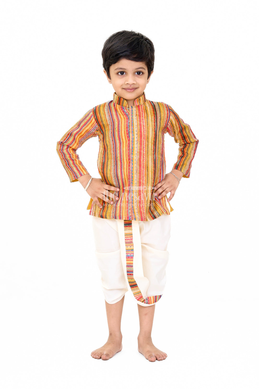 The Nesavu Boys Dothi Set Boys Traditional Striped Cotton Dhoti Dress with Sequin Detailing Nesavu 10 (NB) / Multicolor BES596B-10 Boys Cotton Dhoti Dress Multicolor Stripes Sequin Accents | The Nesavu