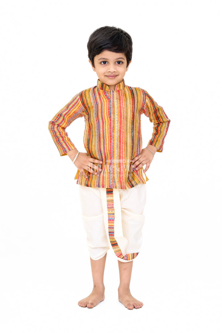 The Nesavu Boys Dothi Set Boys Traditional Striped Cotton Dhoti Dress with Sequin Detailing Nesavu 10 (NB) / Multicolor BES596B-10 Boys Cotton Dhoti Dress Multicolor Stripes Sequin Accents | The Nesavu