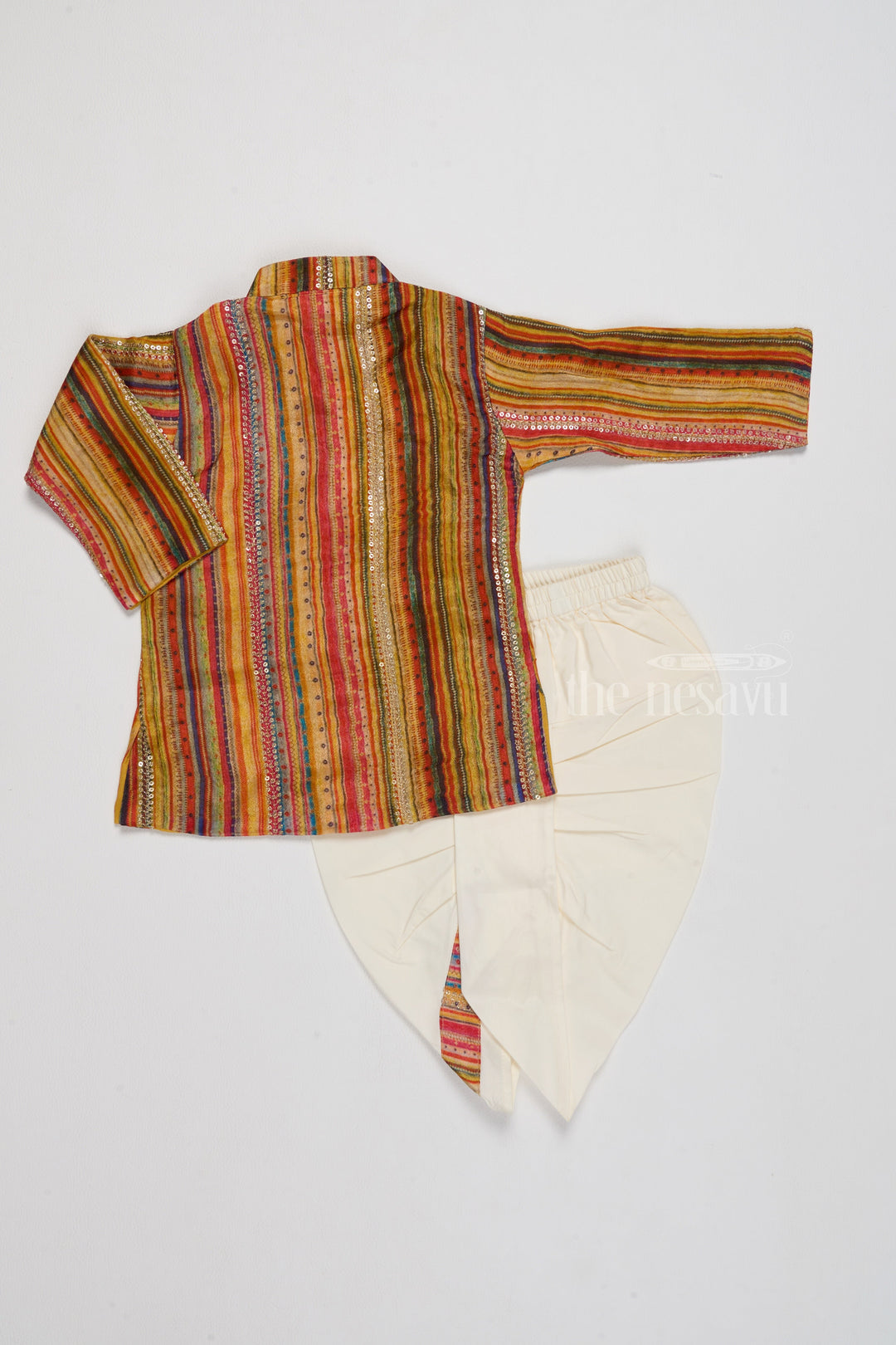 The Nesavu Boys Dothi Set Boys Traditional Striped Cotton Dhoti Dress with Sequin Detailing Nesavu Boys Cotton Dhoti Dress Multicolor Stripes Sequin Accents | The Nesavu