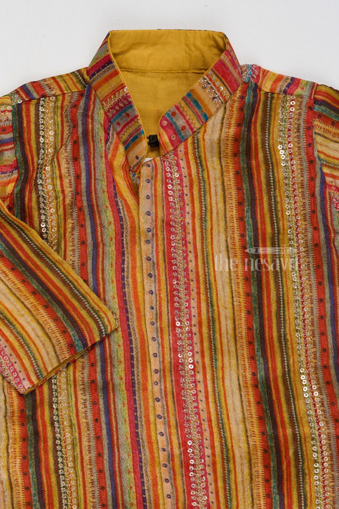 The Nesavu Boys Dothi Set Boys Traditional Striped Cotton Dhoti Dress with Sequin Detailing Nesavu Boys Cotton Dhoti Dress Multicolor Stripes Sequin Accents | The Nesavu