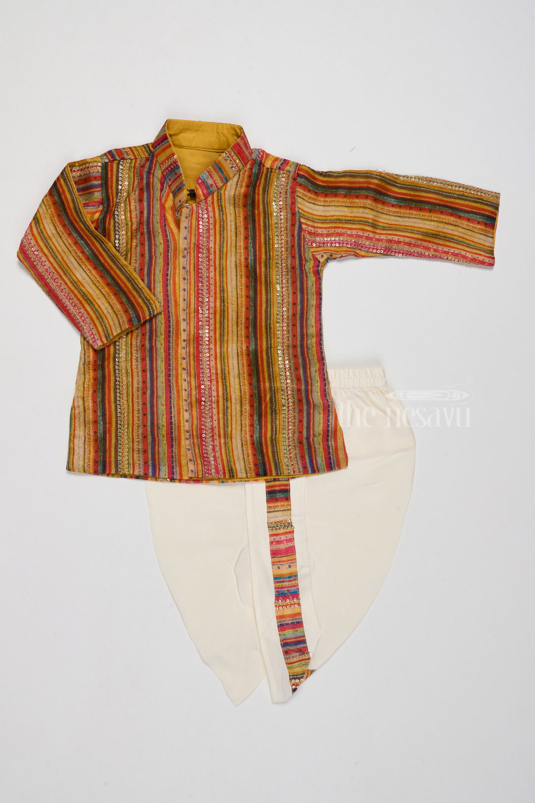 The Nesavu Boys Dothi Set Boys Traditional Striped Cotton Dhoti Dress with Sequin Detailing Nesavu Boys Cotton Dhoti Dress Multicolor Stripes Sequin Accents | The Nesavu