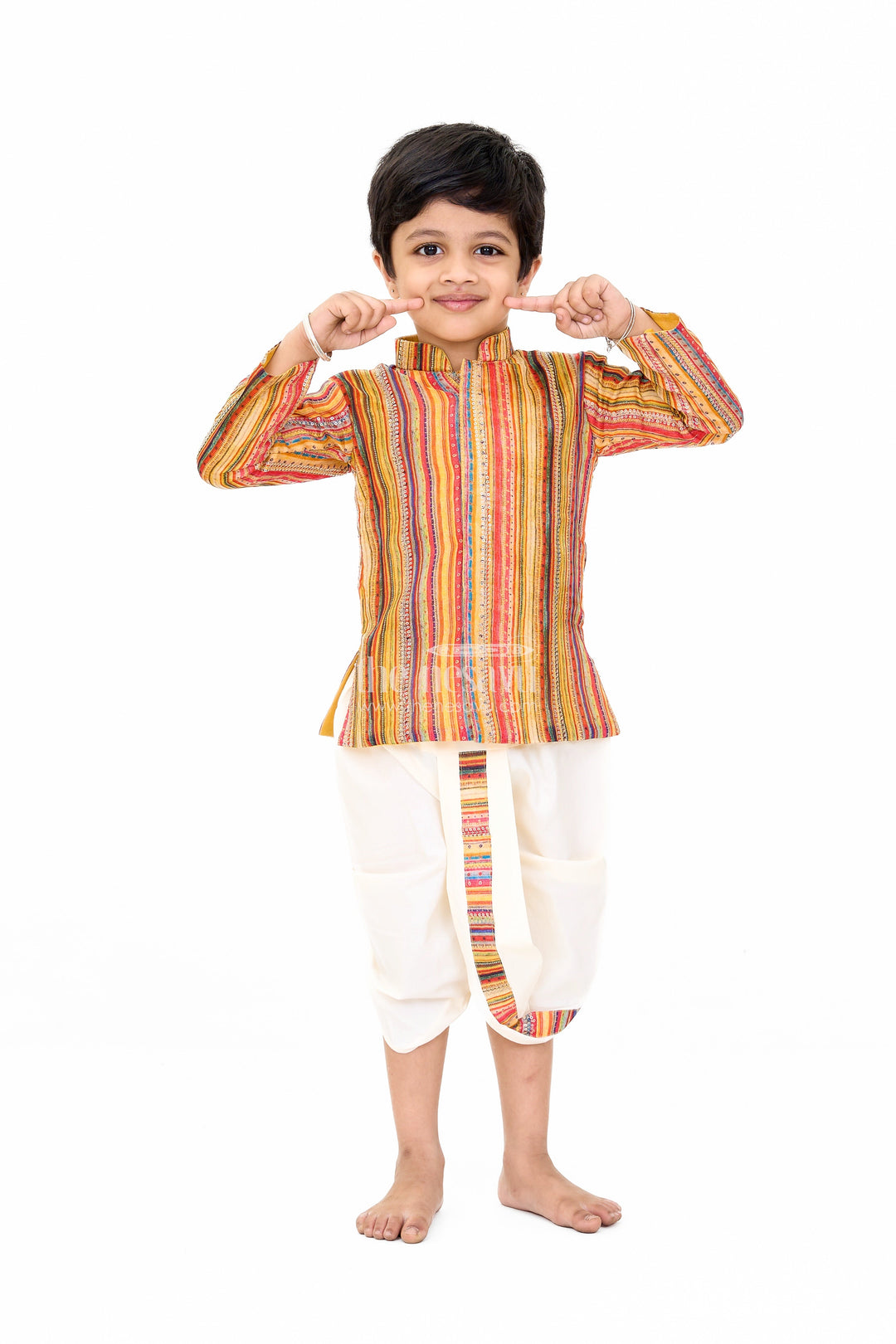 The Nesavu Boys Dothi Set Boys Traditional Striped Cotton Dhoti Dress with Sequin Detailing Nesavu Boys Cotton Dhoti Dress Multicolor Stripes Sequin Accents | The Nesavu