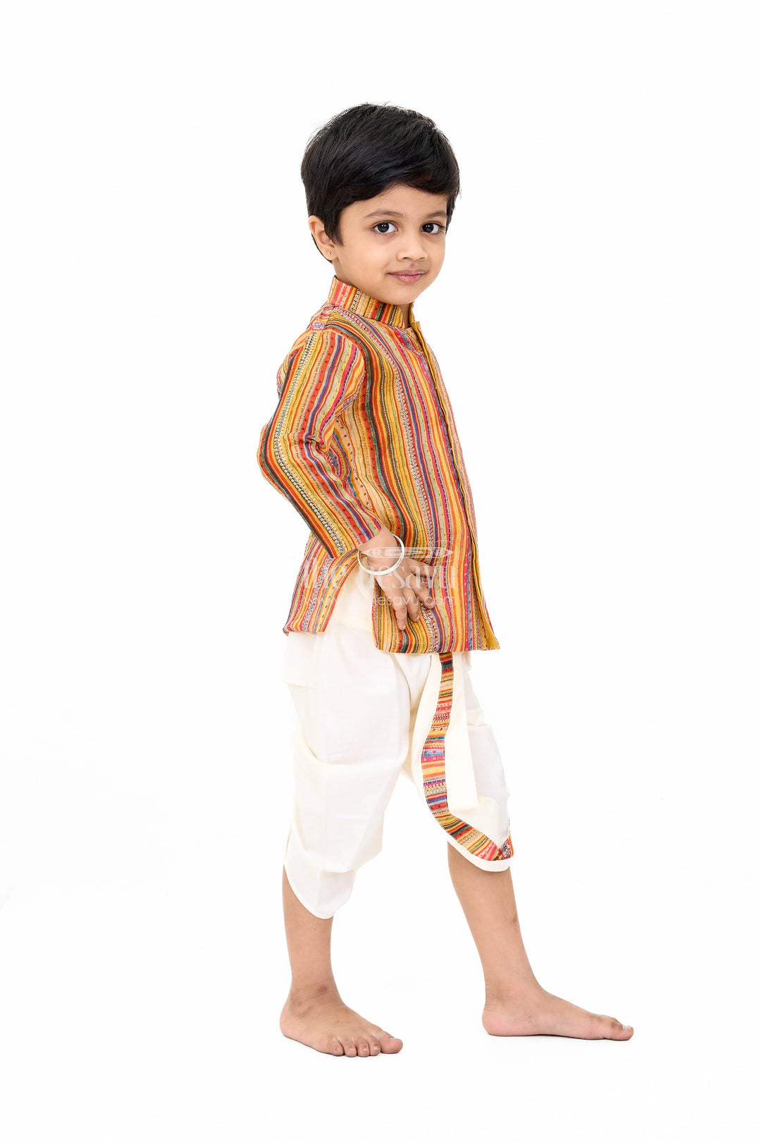 The Nesavu Boys Dothi Set Boys Traditional Striped Cotton Dhoti Dress with Sequin Detailing Nesavu Boys Cotton Dhoti Dress Multicolor Stripes Sequin Accents | The Nesavu