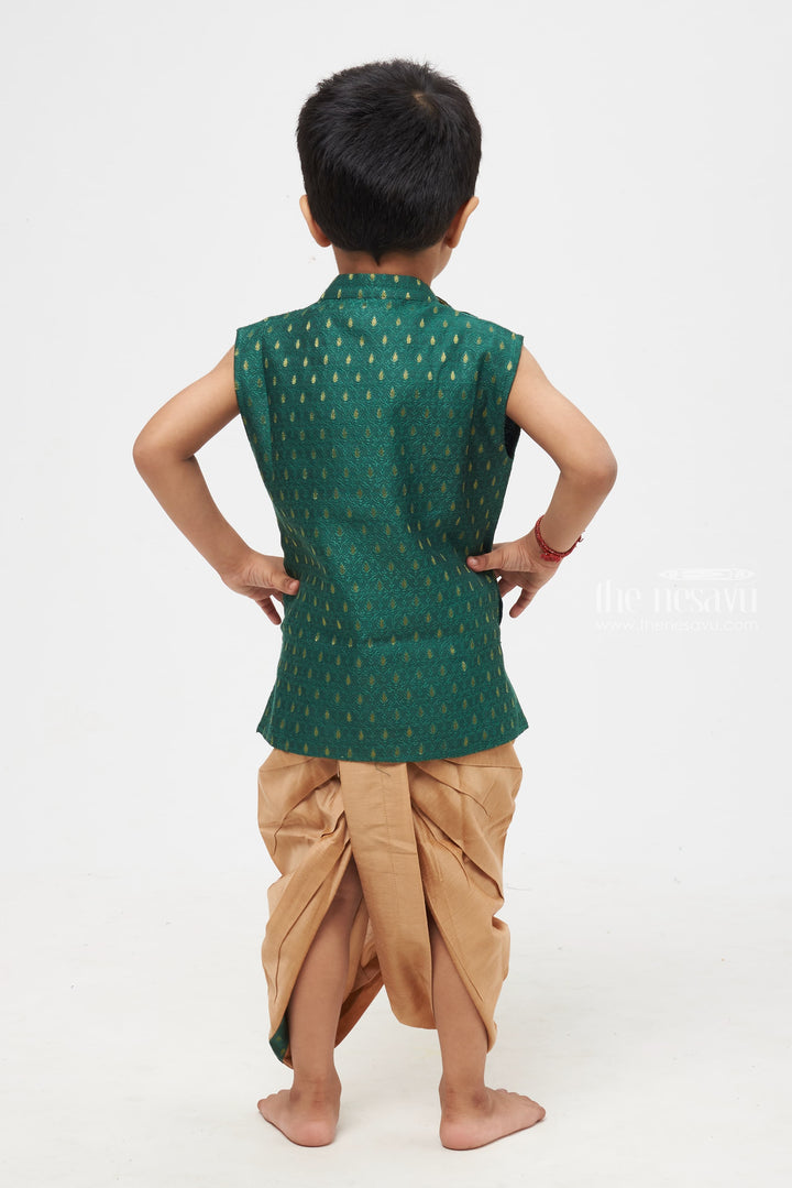 The Nesavu Boys Dothi Set Boys Traditional Teal Green Brocade Waistcoat Set with Dual-Stripe Taupe Pants - Ethnic Festive Wear for Kids Nesavu Boys Green Kurta with Golden Panchagajam | Timeless Look for Traditional Events | The Nesavu